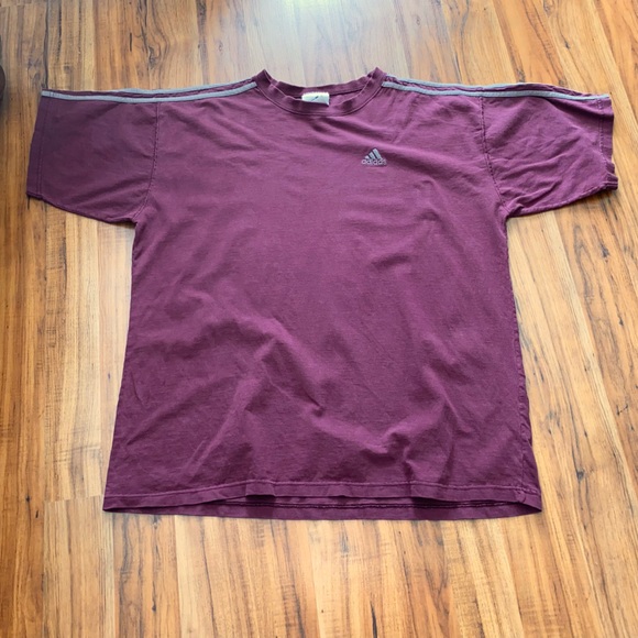 Retro Adidas Classic 3 Stripes Tee Shirt and Embroidered Logo Maroon Grey XL - Picture 10 of 14